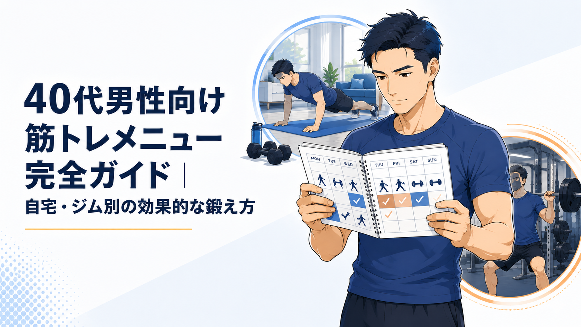 全身筋トレの週間計画を確認しながら自宅とジムで運動する40代男性