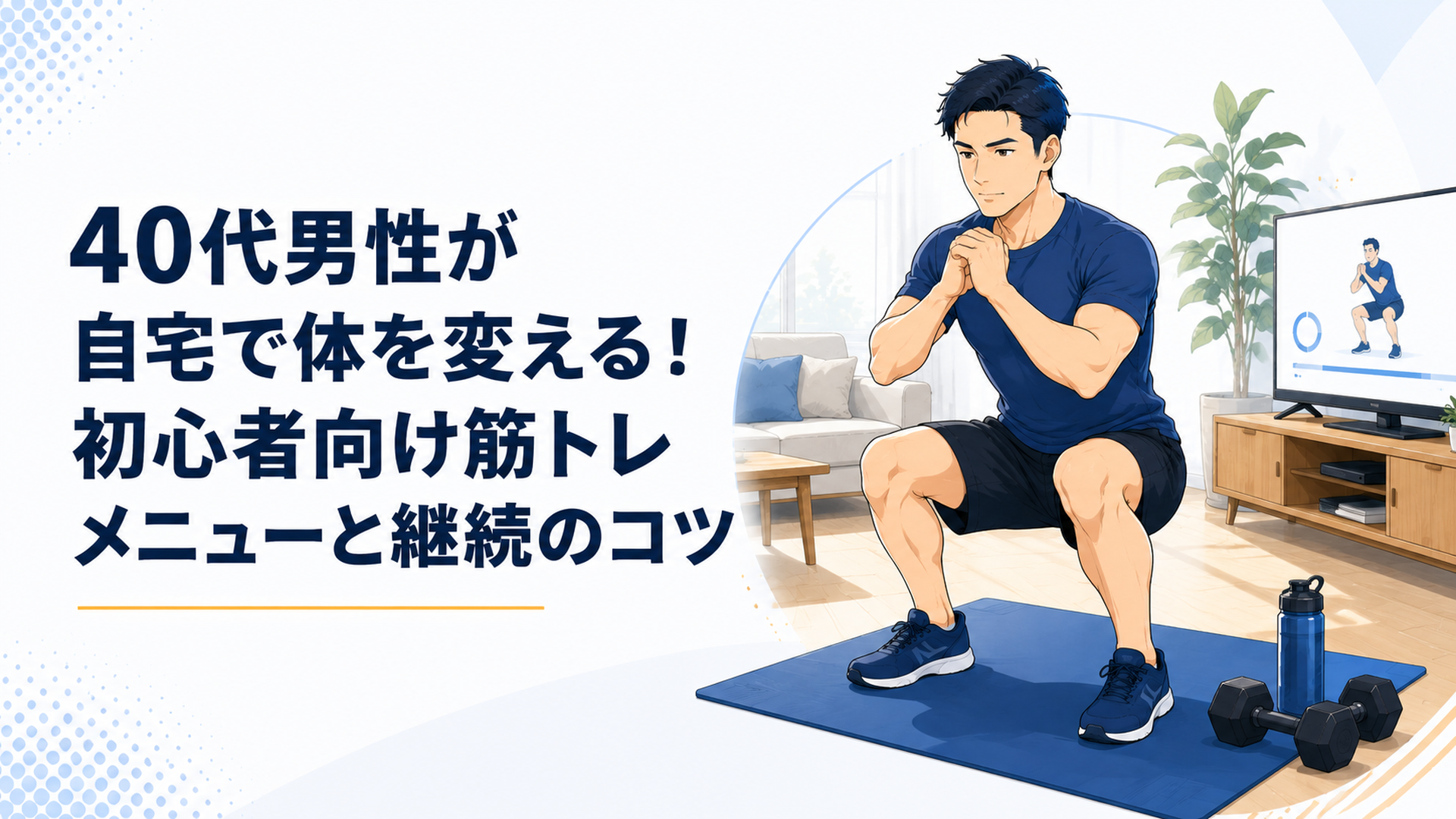 自宅のリビングで初心者向けデイリー50に取り組む40代男性
