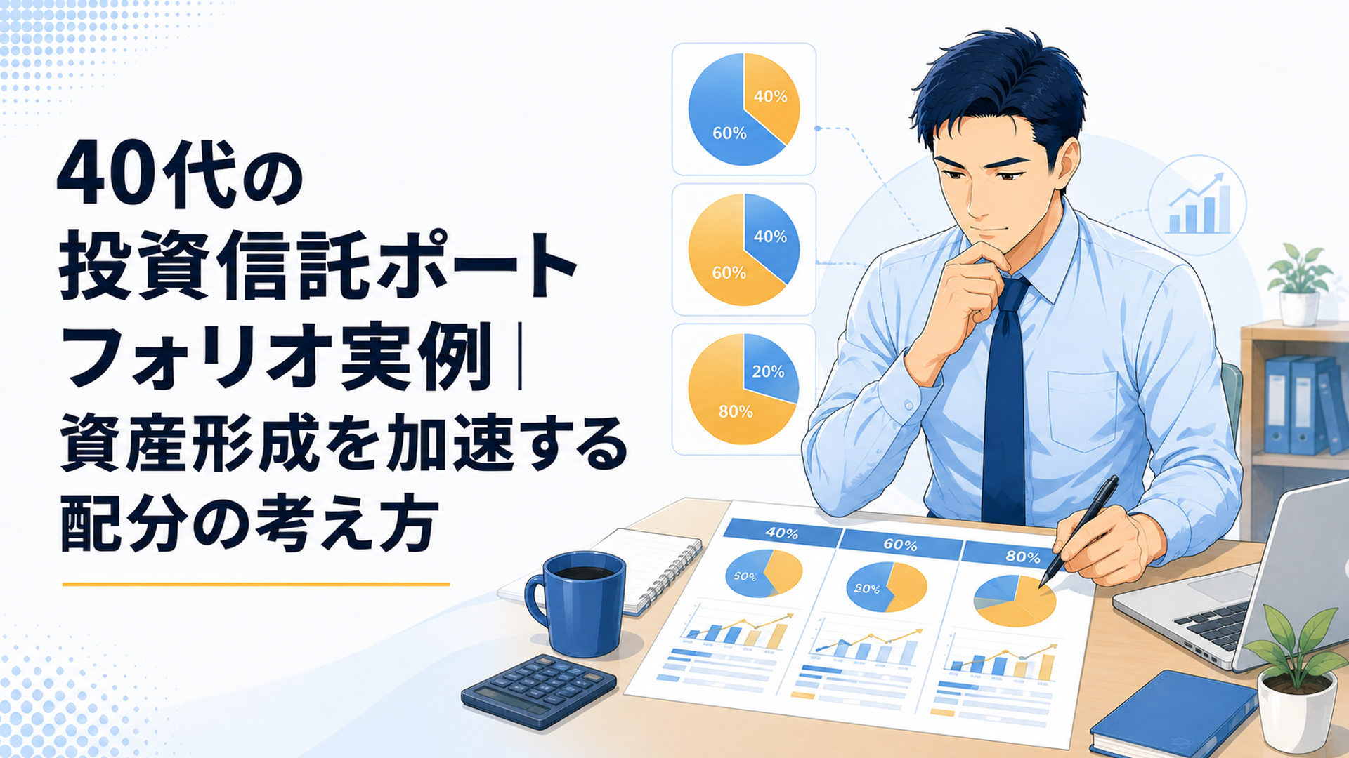 株式40％・60％・80％の三つの資産配分を比較しながら家計を点検する40代のビジネスパーソン