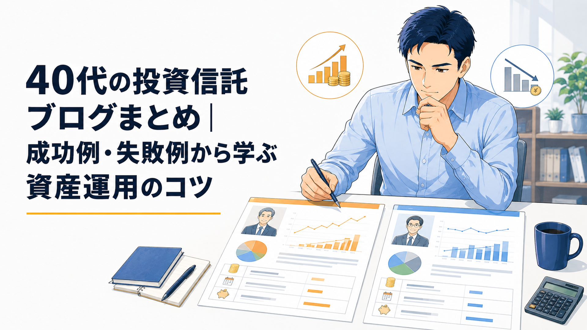 40代の会社員が二人の投資信託成功例について資産額と積立条件を比較する場面