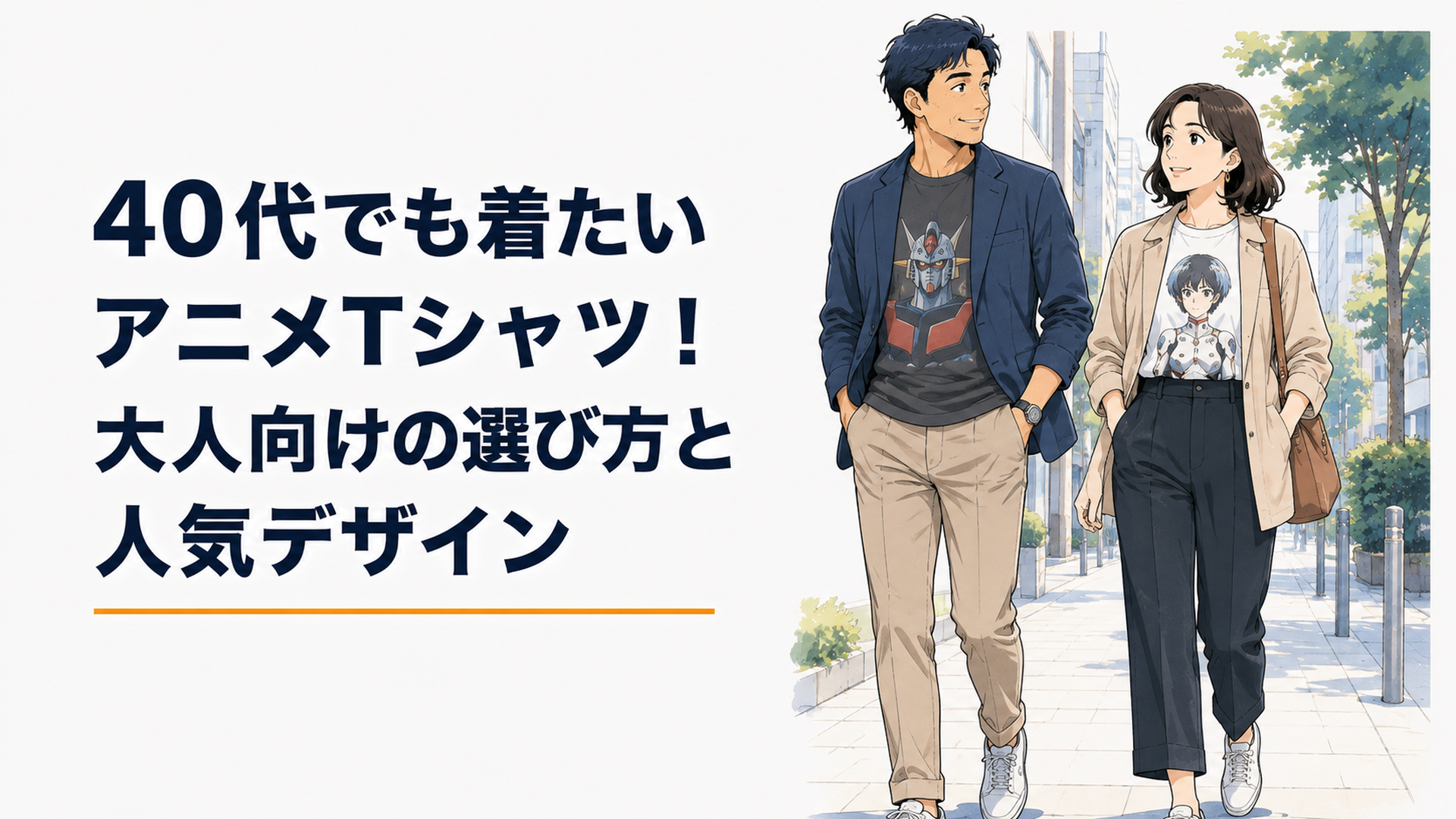 落ち着いたアニメTシャツにジャケットや無地パンツを合わせて街を歩く40代の男女
