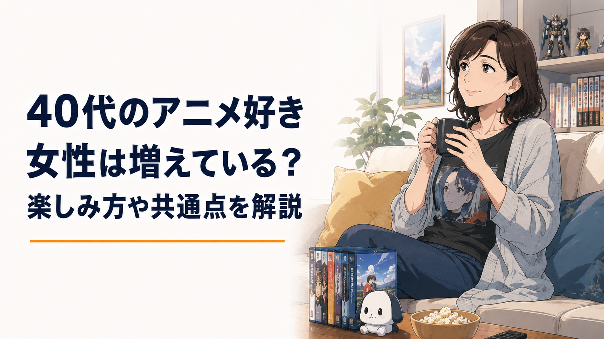 自宅の落ち着いたリビングで新旧のアニメ作品を楽しむ40代女性