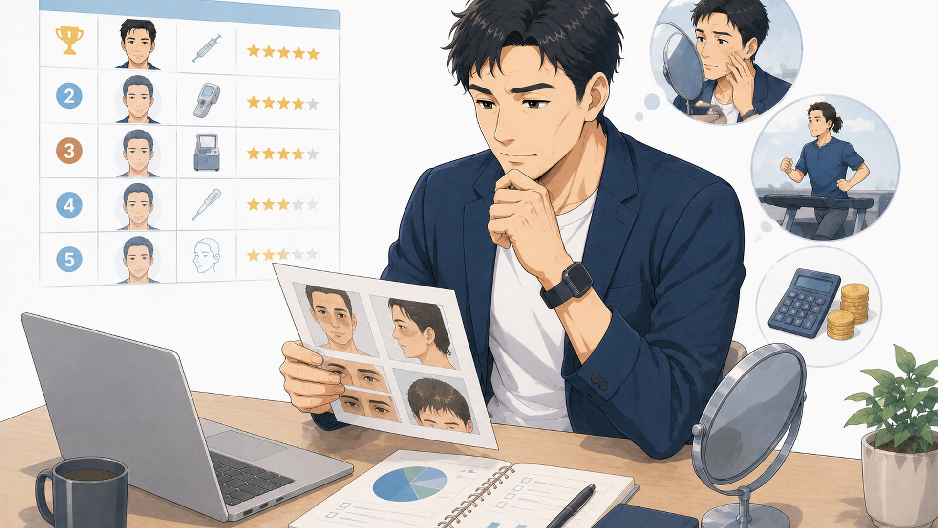 読書やウォーキングやスポーツ観戦や筋トレなど複数の趣味を比較検討する40代男性