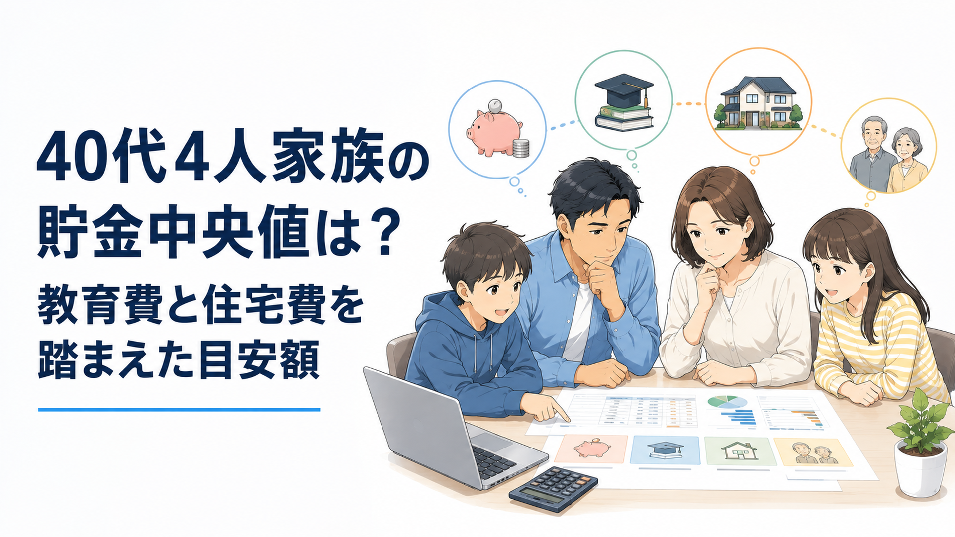 40代夫婦と2人の子どもが家計表を囲み、貯金・教育費・住宅費・老後資金を確認している場面