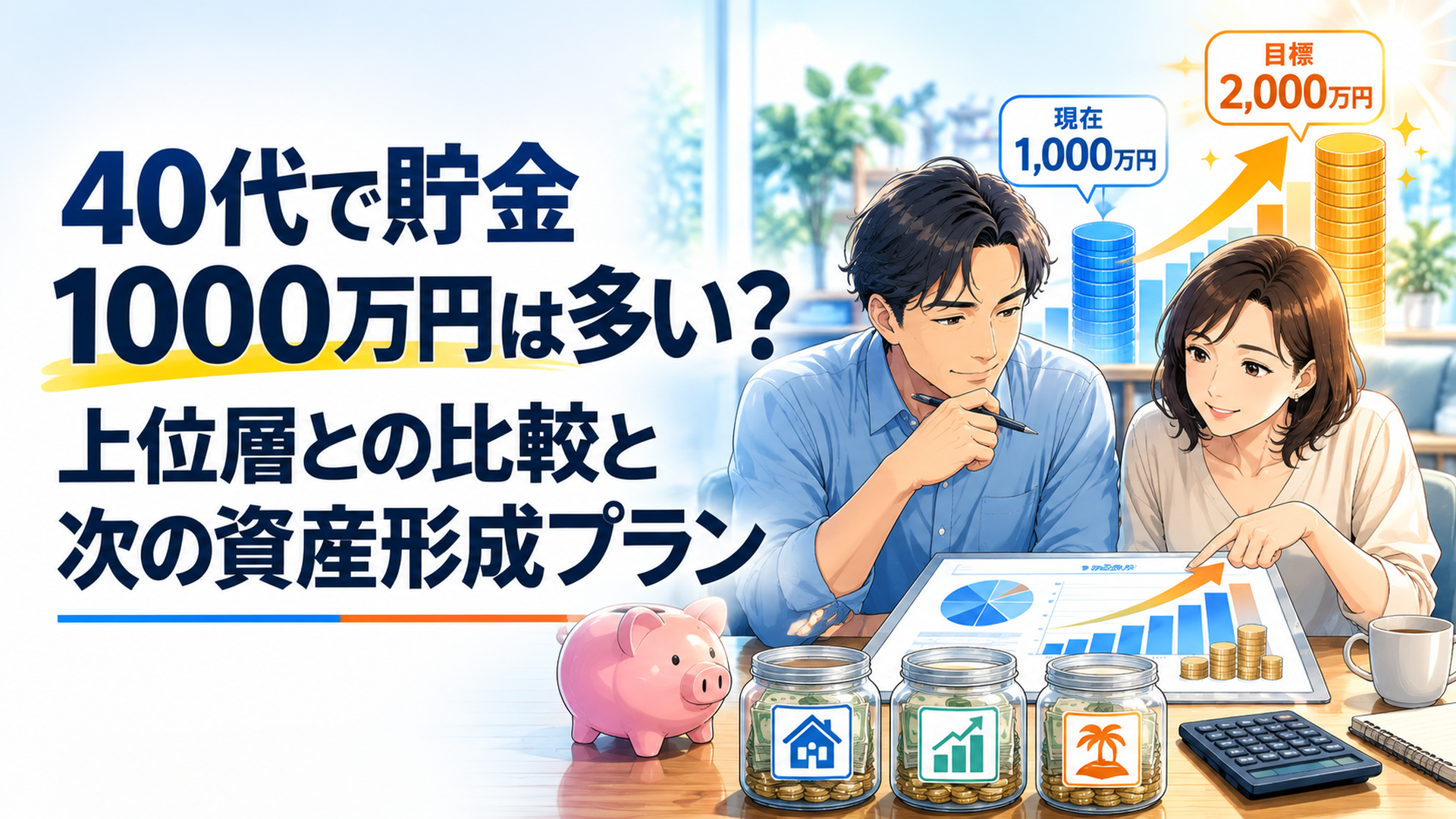 40代の男女が金融資産1000万円の現在地と2000万円への積立計画を確認している場面