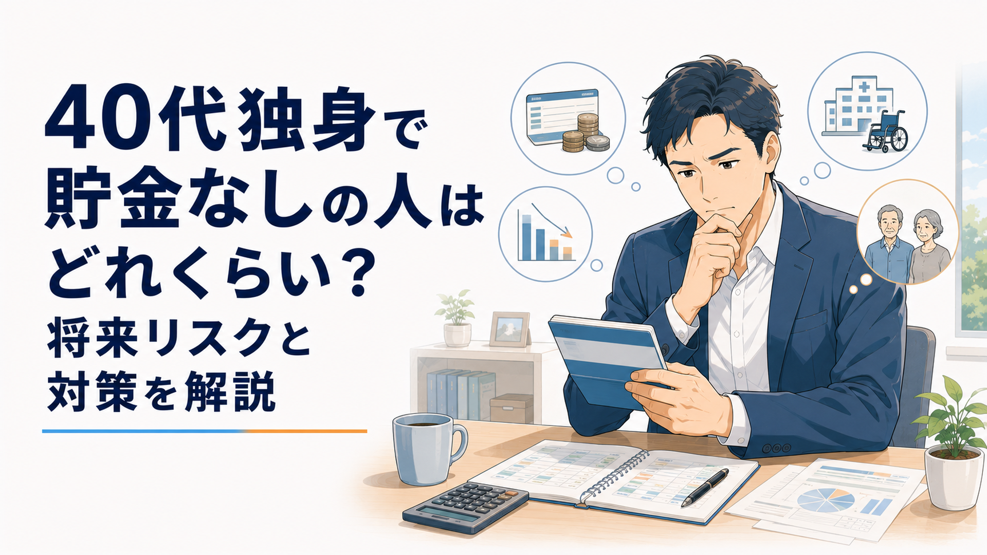 40代の単身会社員が預金残高と家計表を確認しながら将来の資金計画を真剣に考える場面