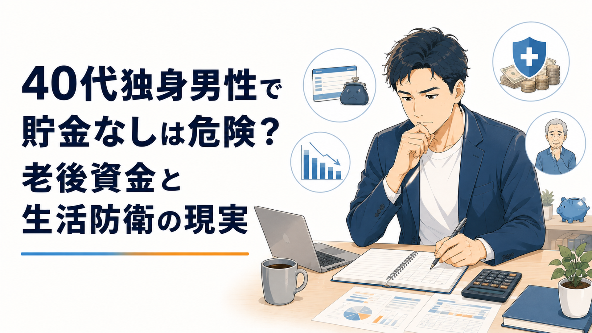 40代独身男性が預金残高と家計簿を確認し生活防衛資金を作るため家計再建に取り組む場面