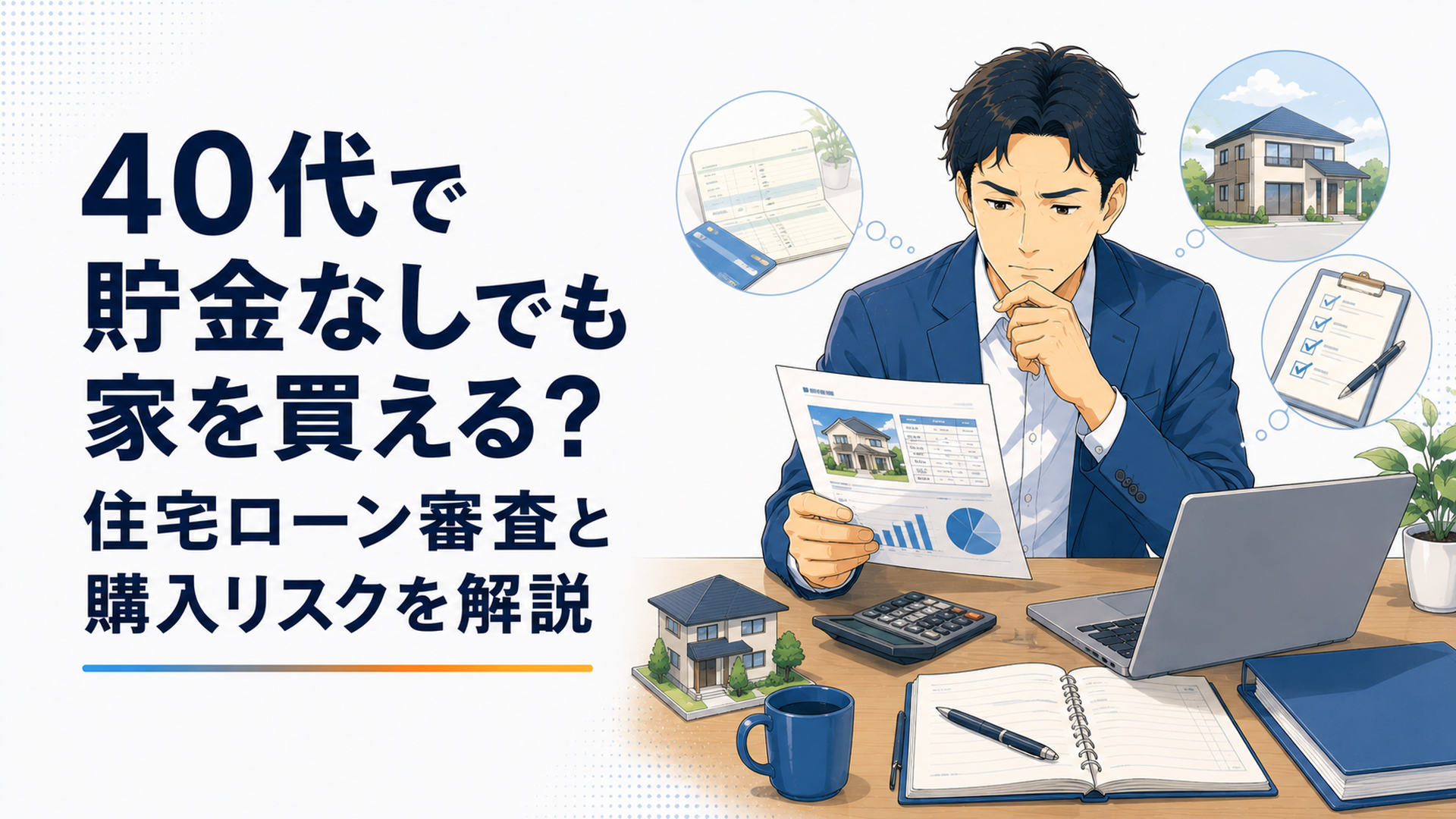 住宅ローン資料と預貯金残高を確認しながら住宅購入の資金計画を立てる40代ビジネスパーソン