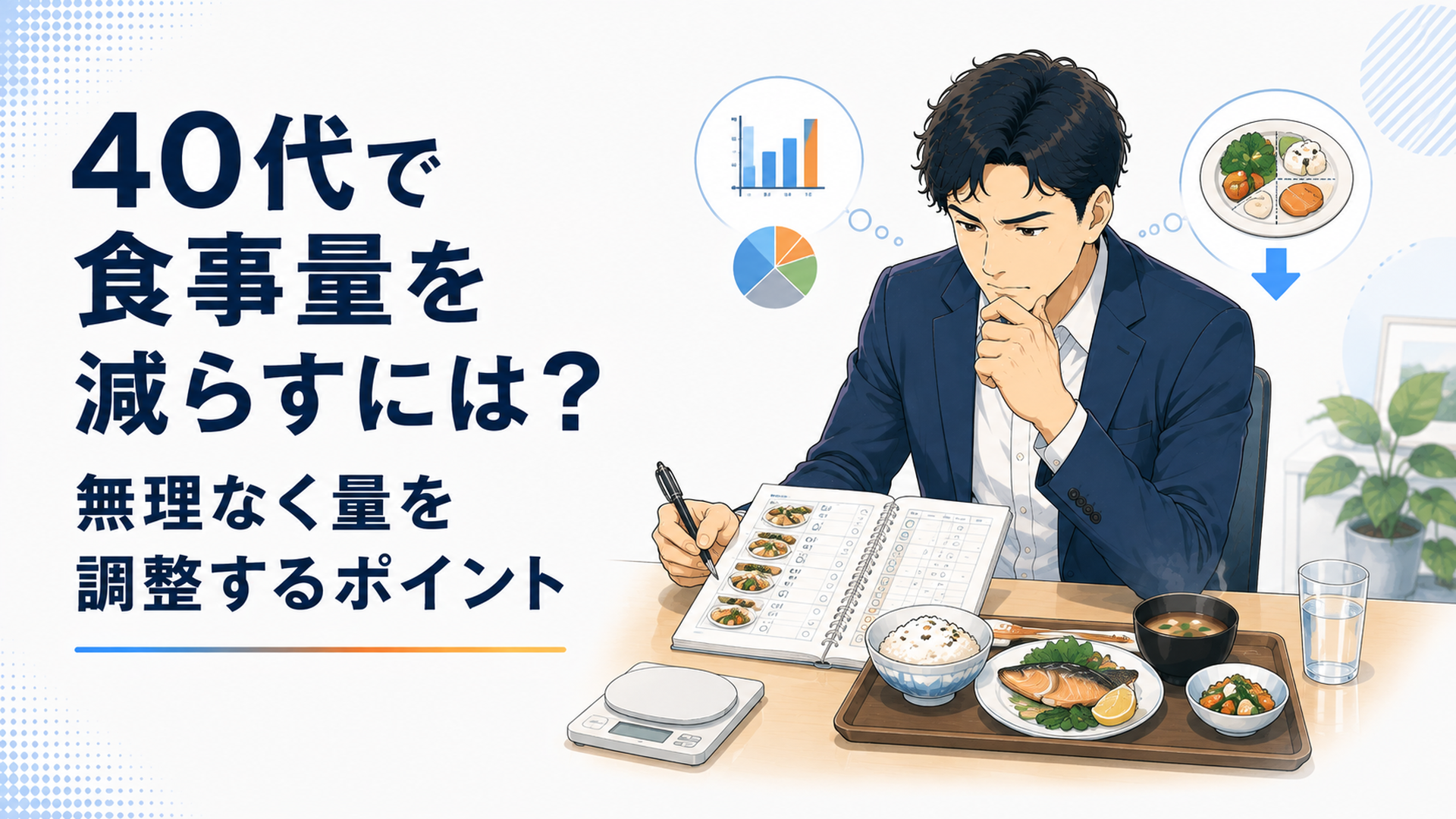 食事記録と夕食の量を確認しながら食べ過ぎを見直す40代ビジネスパーソン