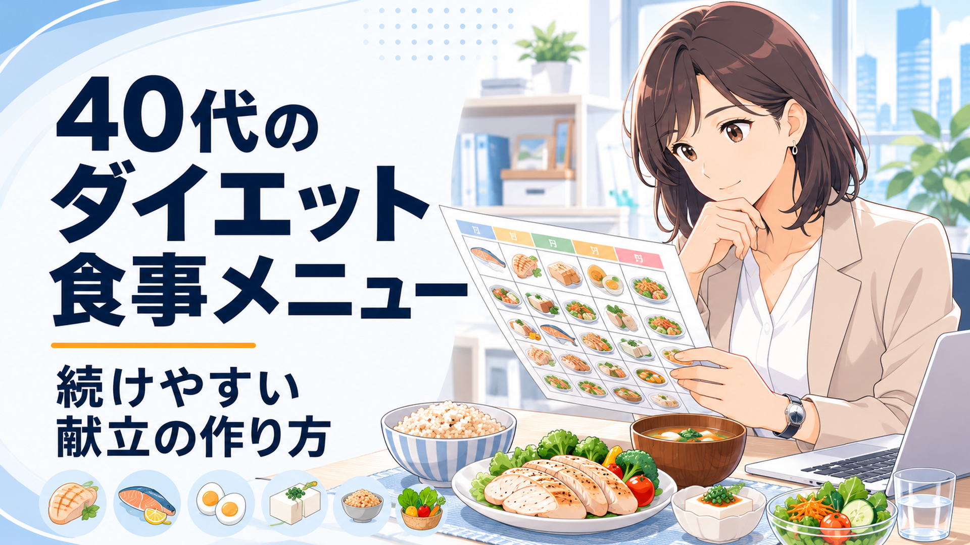 鶏胸肉・魚・卵・豆腐・玄米・野菜を組み合わせた1週間の40代向けダイエット献立を確認する会社員