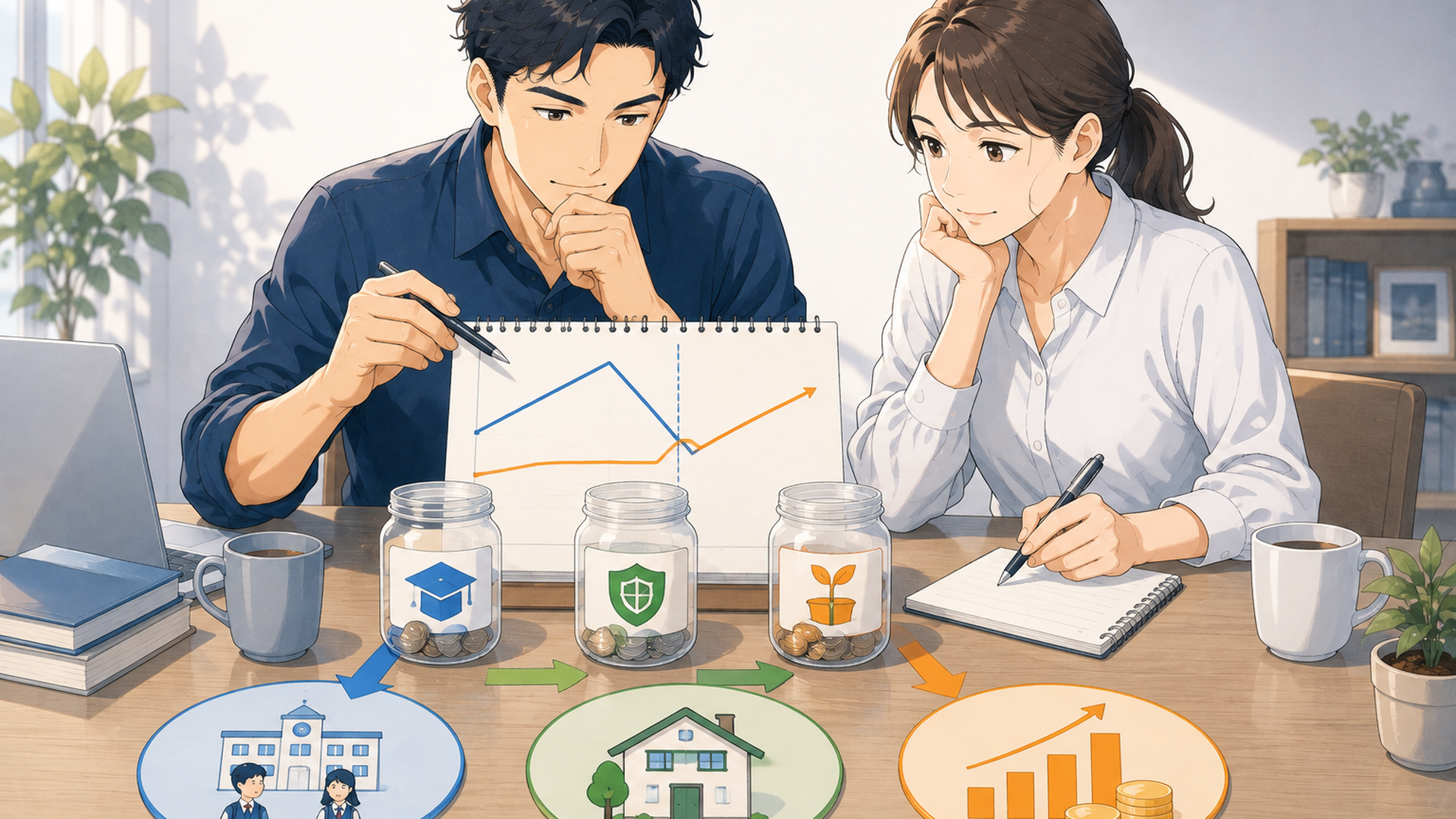 教育費と住宅ローンの予定を確認しながら新NISAの積立計画を立てる40代ビジネスパーソン
