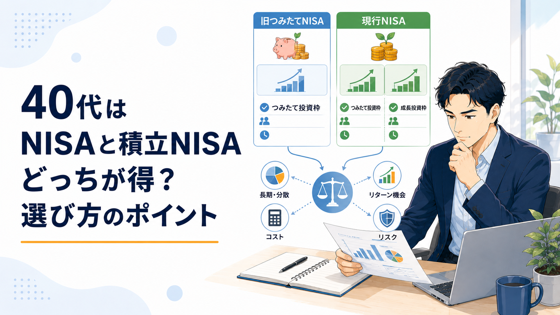 40代の会社員が旧つみたてNISAと現行NISAの違いを確認しながらつみたて投資枠と成長投資枠を比較する場面