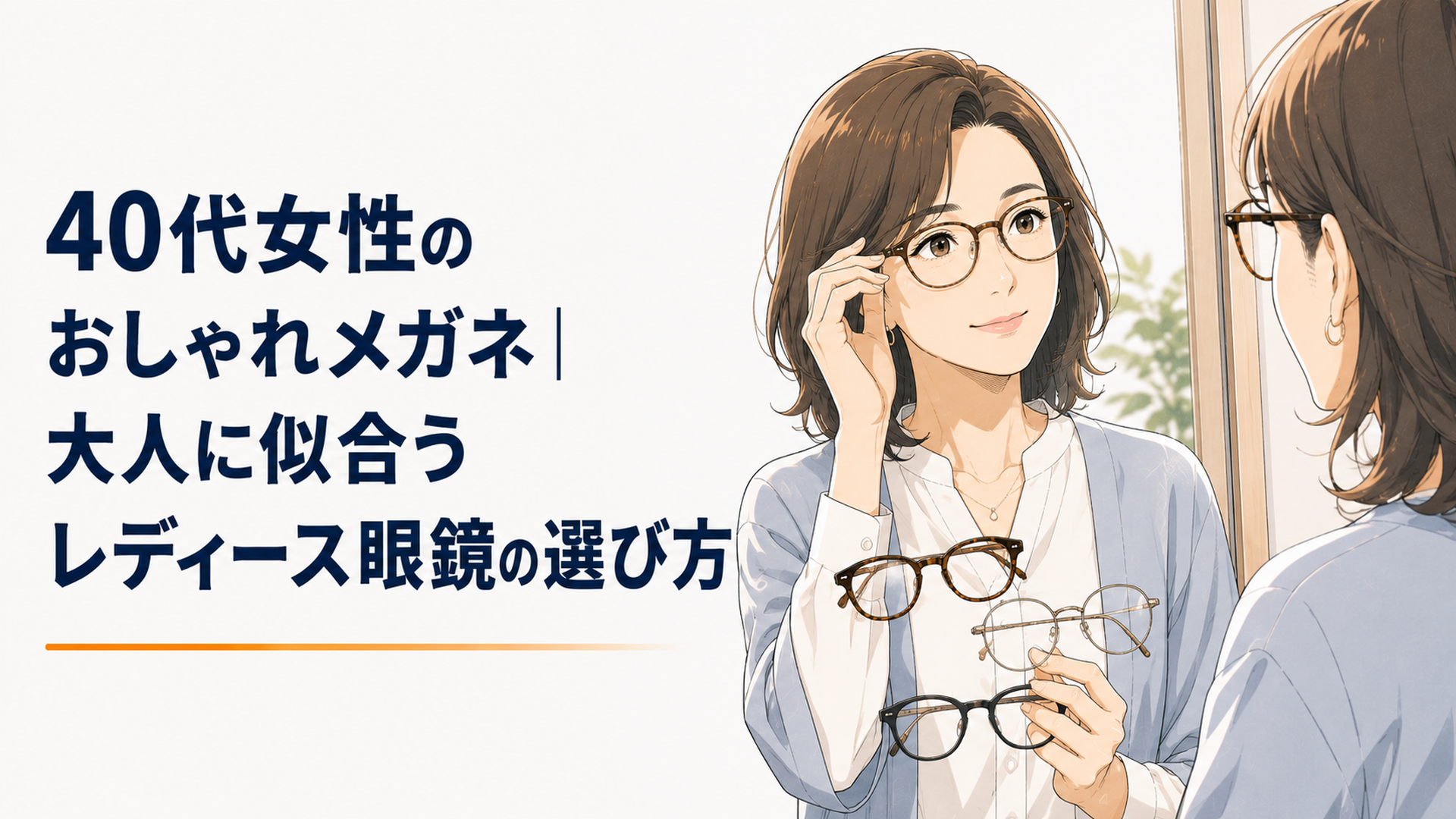 鏡の前でボスリントンや細身メタルなど複数のフレームを試着する40代女性