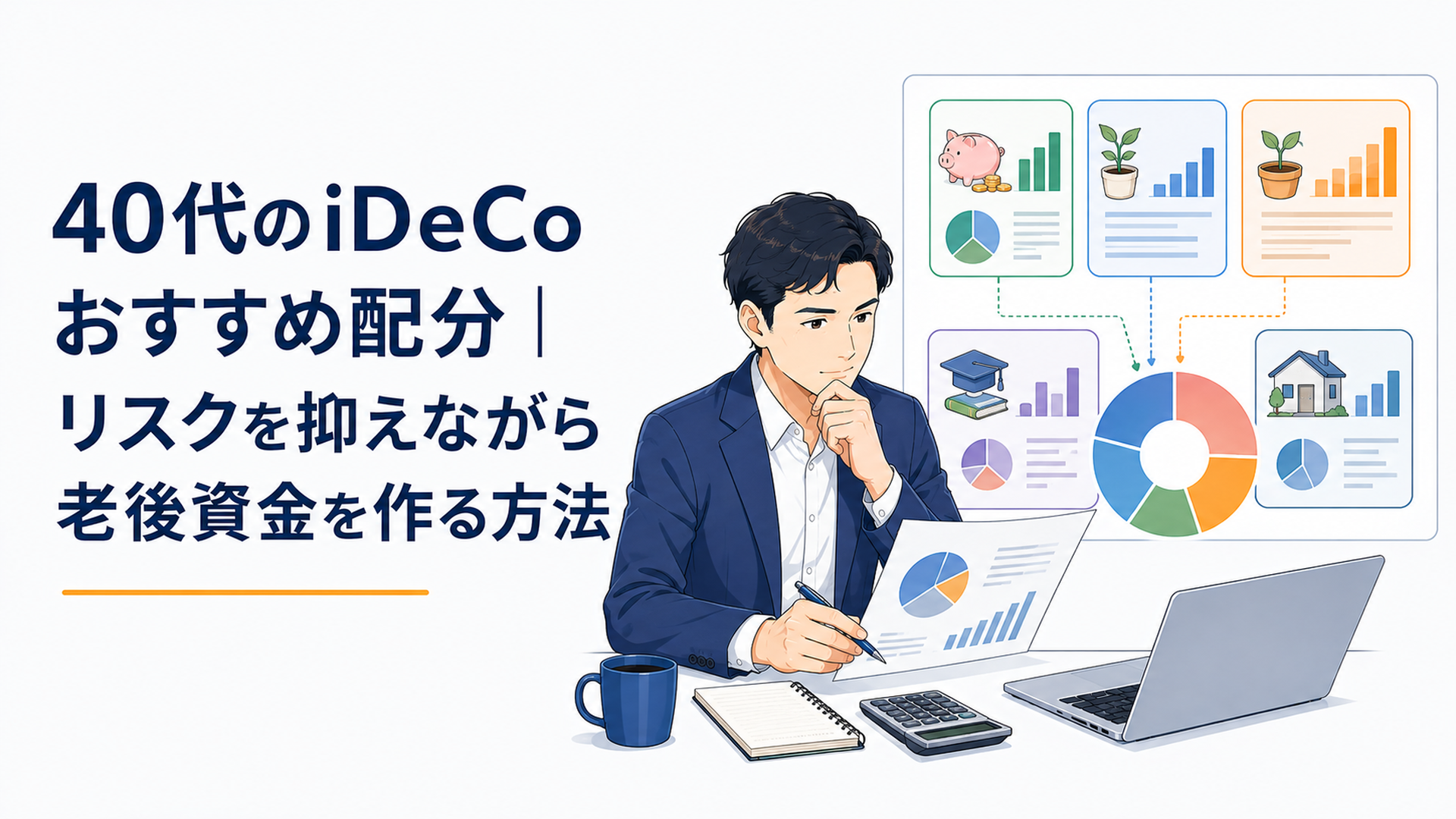 40代後半の会社員がiDeCoの株式と安全資産の配分を確認しながら50代以降の出口戦略を考える場面