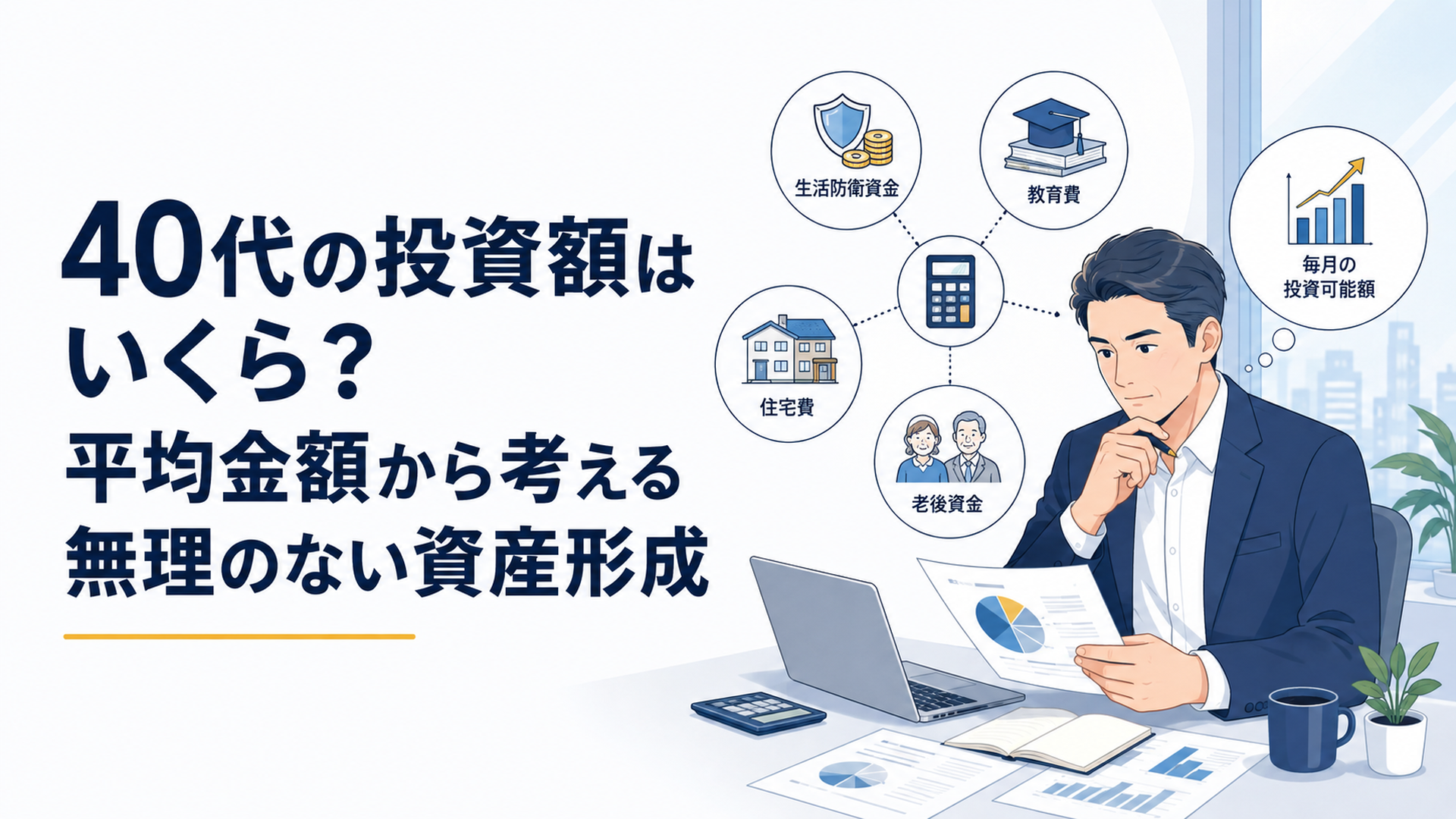 40代会社員が生活防衛資金・教育費・住宅費・老後資金を分けて毎月の投資可能額を計算している場面