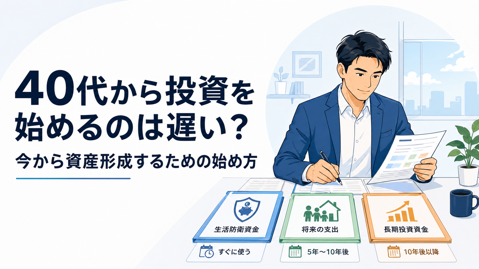 40代会社員が生活防衛資金と将来支出と長期投資資金を使う時期ごとに整理している場面