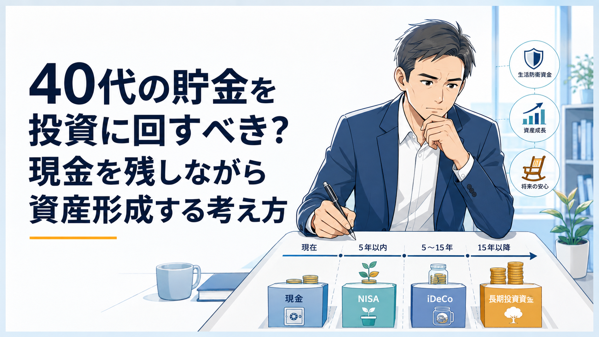 40代会社員が現金・NISA・iDeCo・長期投資資金を使う時期ごとに整理している場面