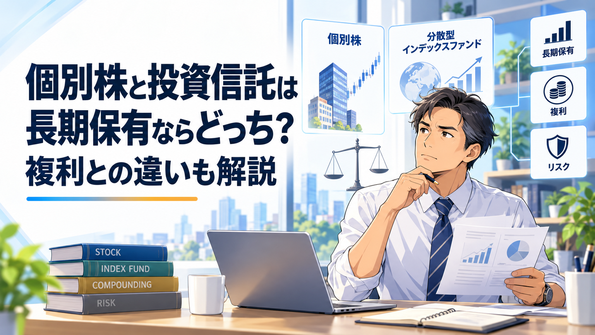 個別株と分散型インデックスファンドの長期保有や複利とリスクの違いを比較する40代会社員