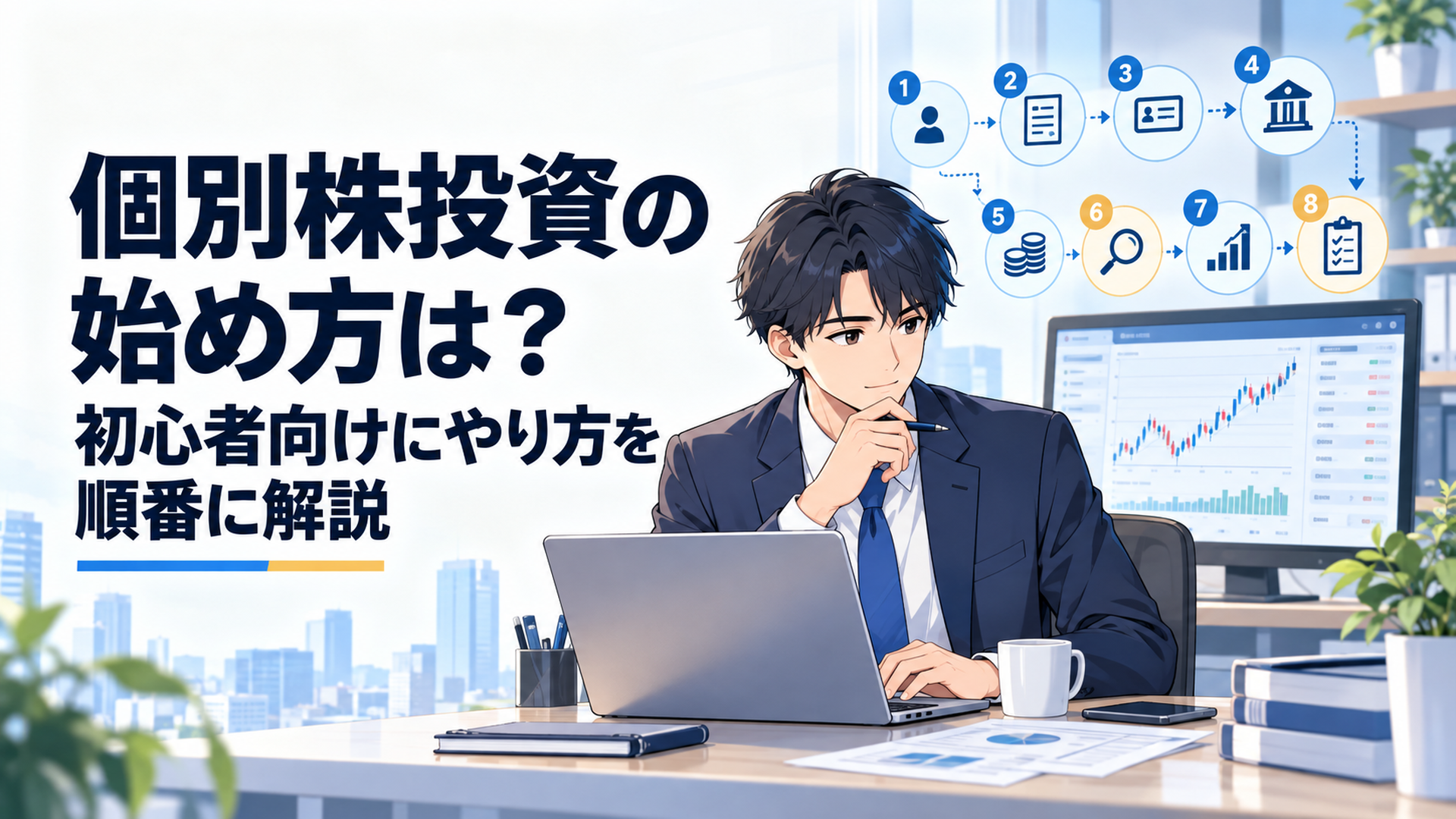 証券口座の画面と8つの手順を確認しながら個別株投資の準備を進める会社員