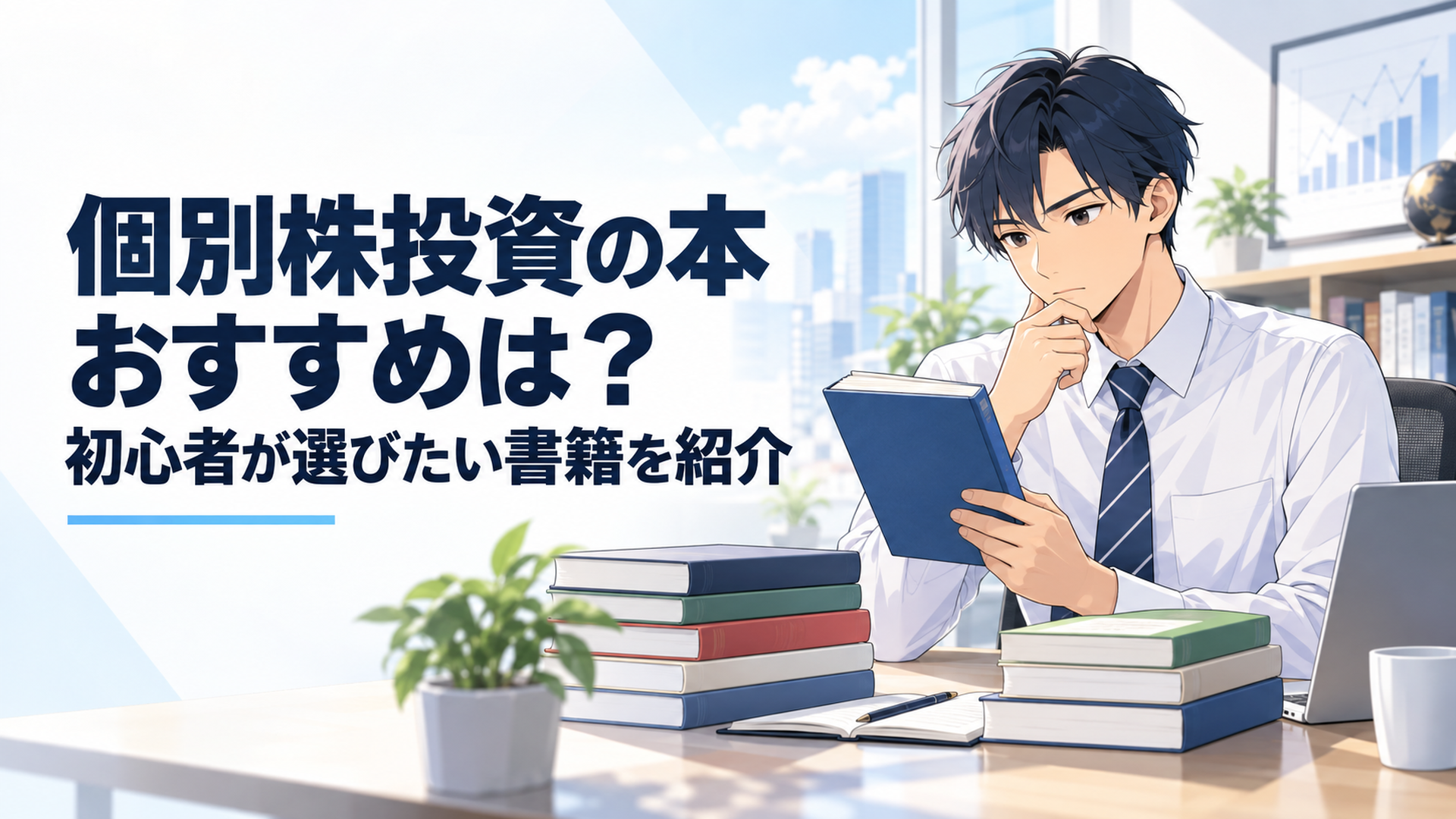 個別株投資を学び始める会社員が複数の投資本を比較し最初に読む一冊を選んでいる場面