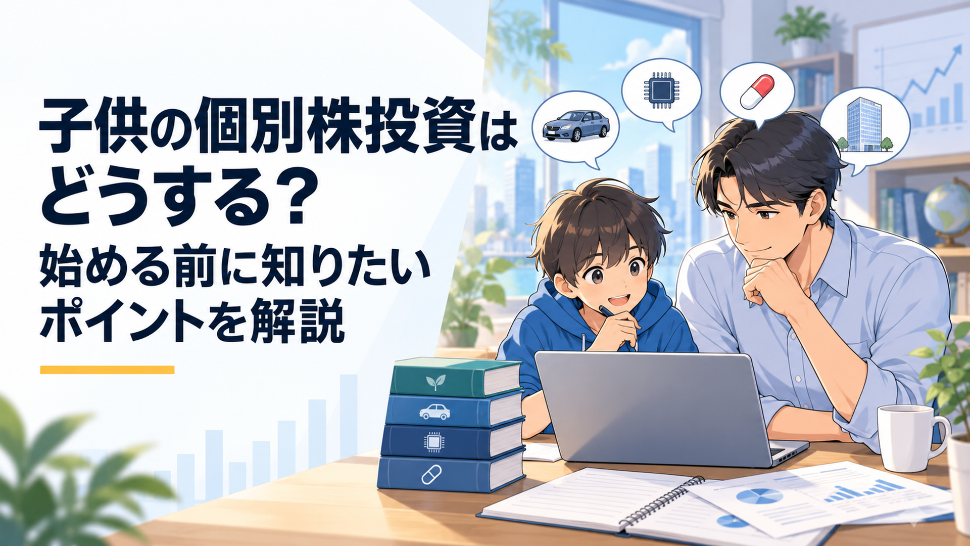 親子で未成年口座と少額の個別株投資について話し合い企業を調べる様子