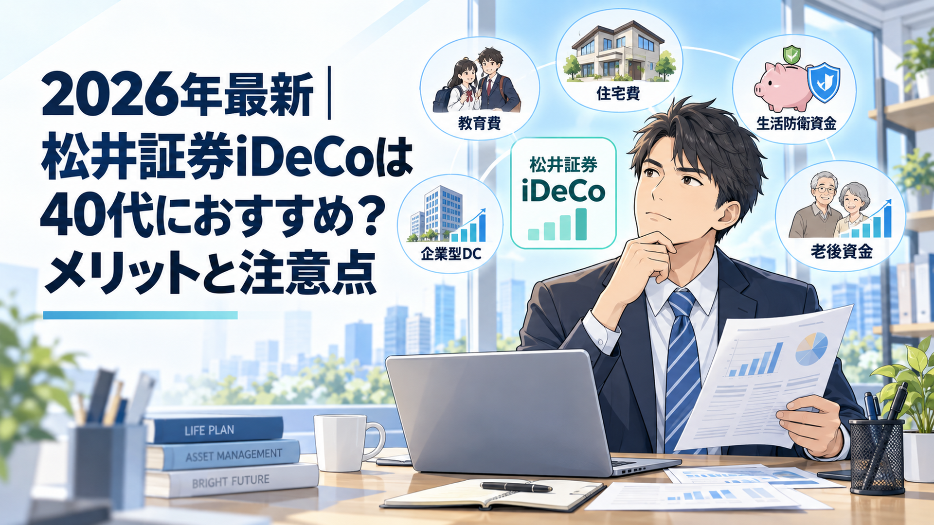 40代の会社員男性が教育費、住宅費、生活防衛資金、企業型DC、老後資金を整理しながら松井証券iDeCoを検討しているシーン。明るい現代的なオフィスで長期資産形成を冷静に比較する構図