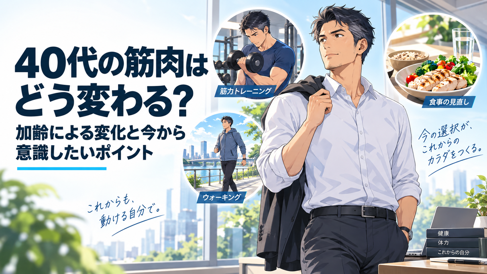 40代の会社員男性が筋肉量の変化を確認し筋トレと歩行と食生活を見直しているシーン