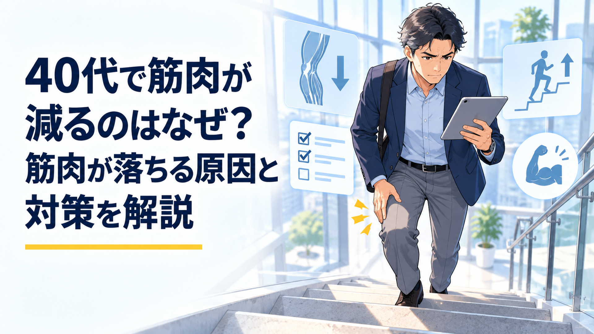 40代会社員男性が階段で脚力の衰えを感じAWGS 2025の筋肉低下基準と対策を確認しているシーン