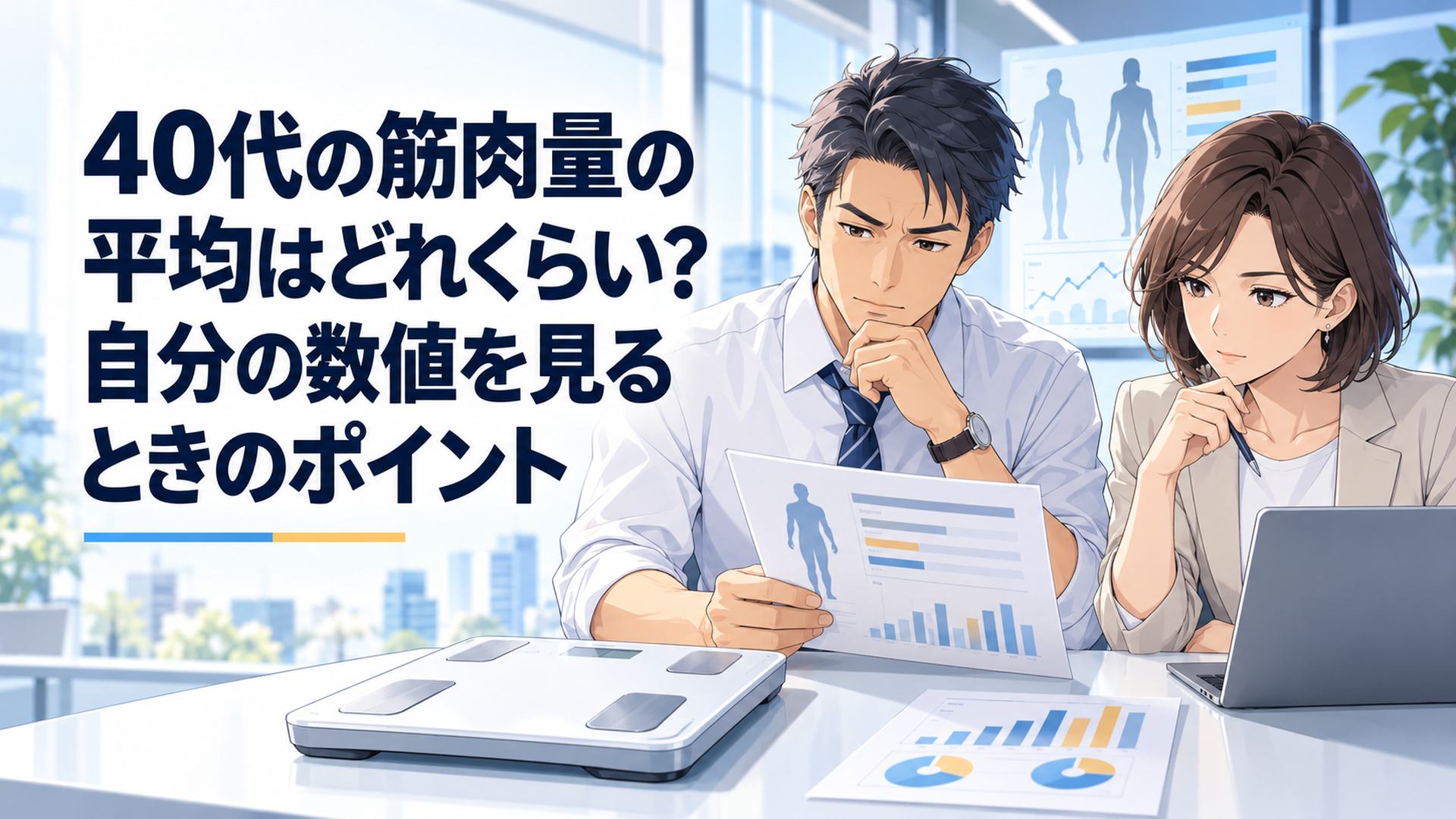 40代会社員の男女が体組成計の筋肉量と日本人のSMIデータを見比べ測定指標の違いを確認しているシーン