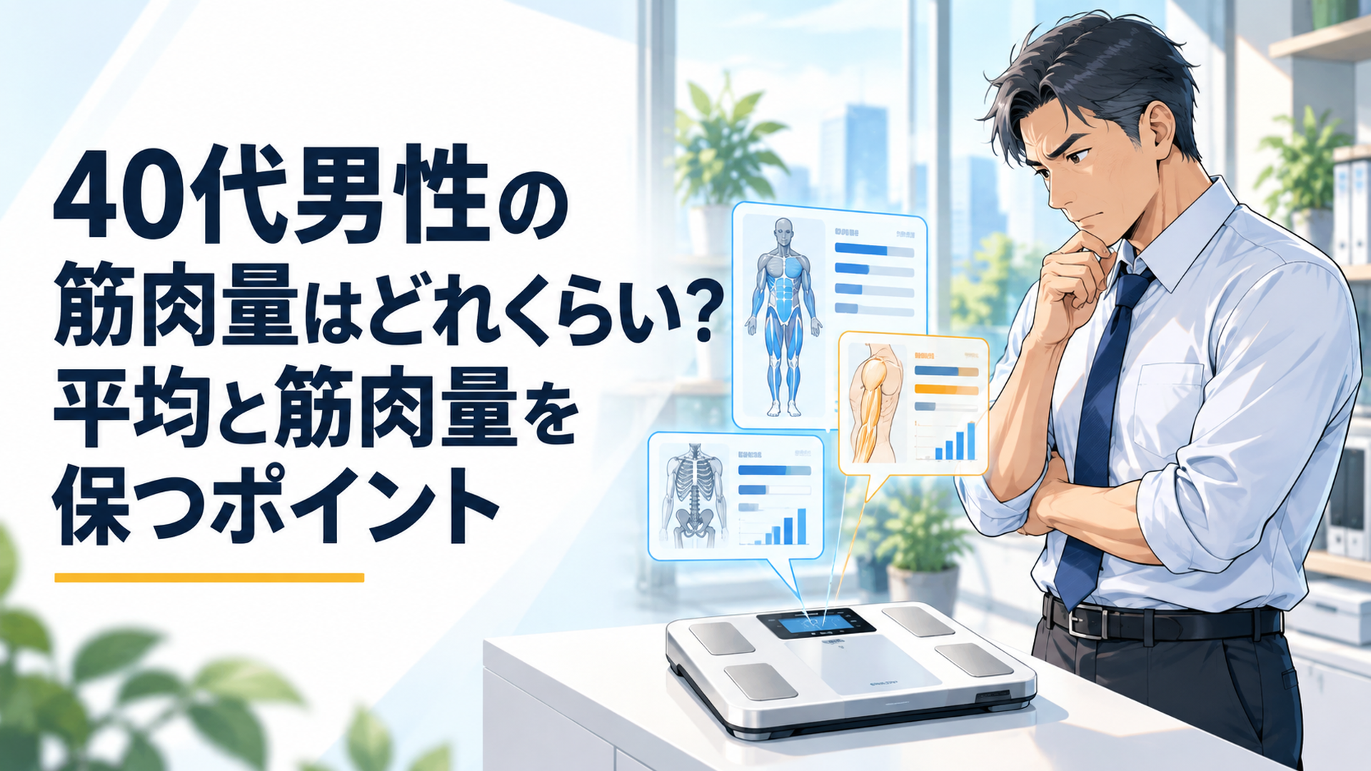 40代男性が体組成計の筋肉量表示と骨格筋量・SMIの違いを確認しながら自分の身体データを分析しているシーン