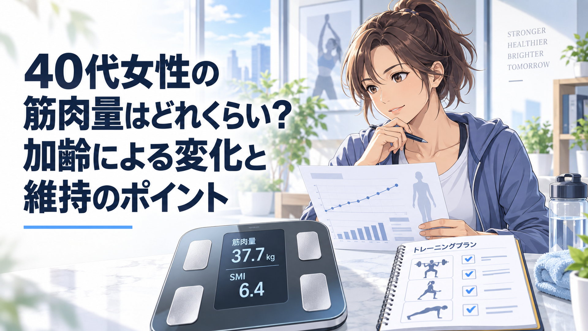 40代女性が体組成計の筋肉量37.7kgとSMI6.4を確認しながら自分の体組成の推移と筋トレ計画を見直しているシーン