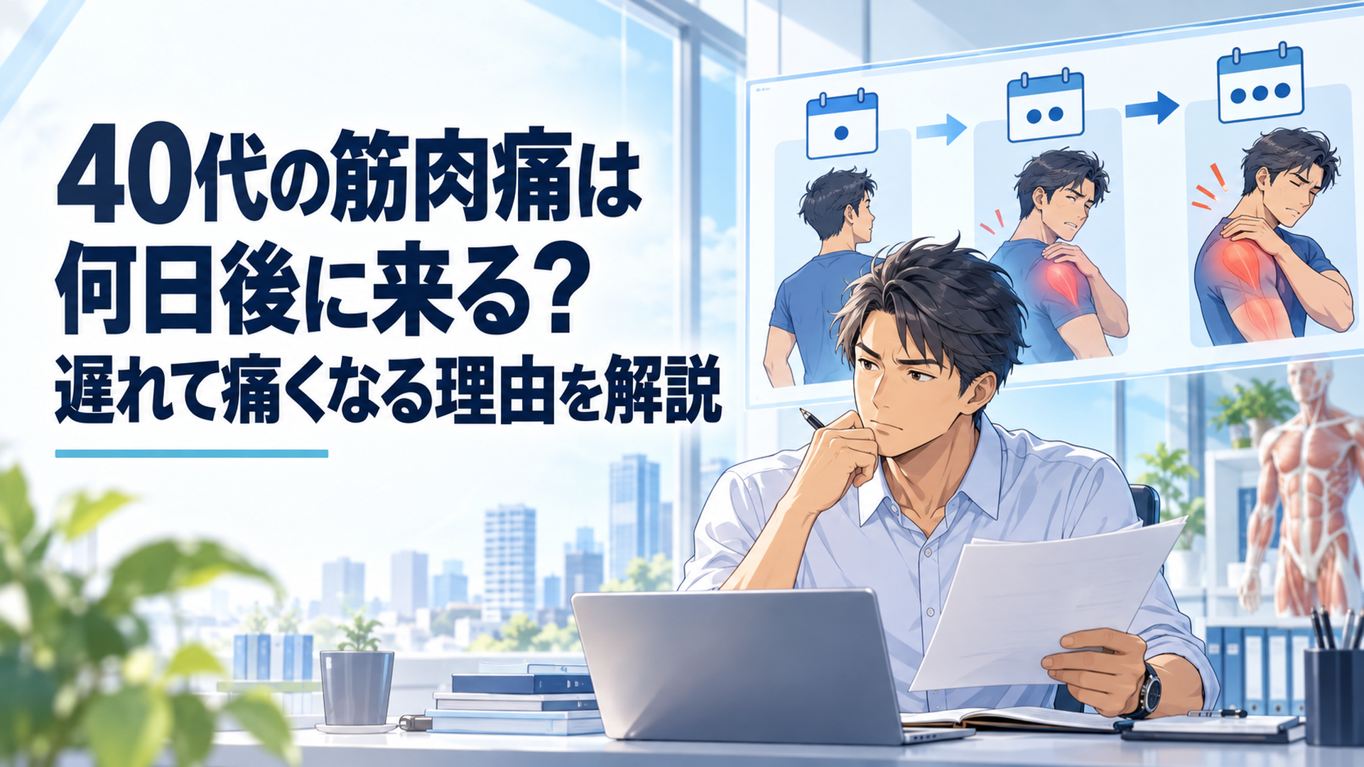 40代会社員が運動した日から3日後までのカレンダーと筋肉痛の変化を確認し老化との関係を整理しているシーン