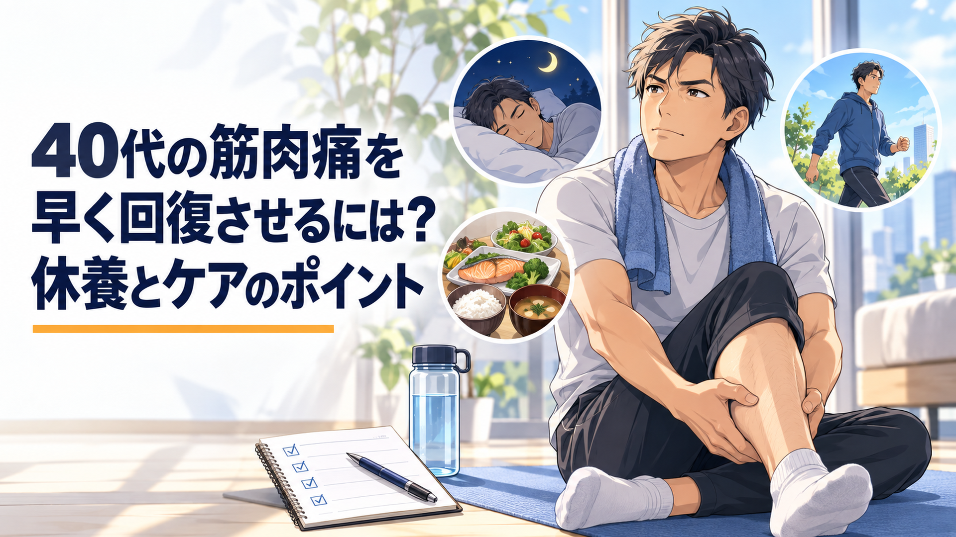 40代会社員が筋肉痛の脚をいたわりながら睡眠・食事・軽い運動を組み合わせた回復計画を確認しているシーン