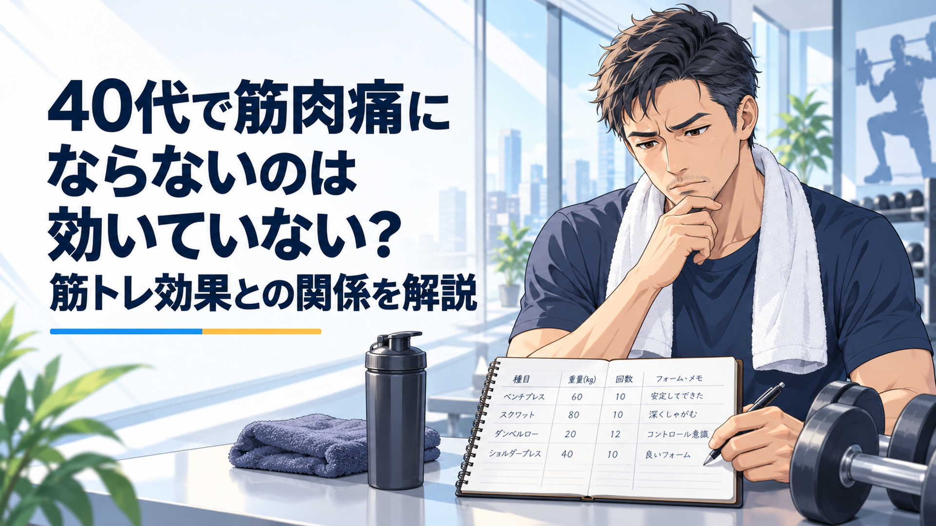 筋トレ後に筋肉痛がなく不安になる40代男性が重量や回数やフォームのトレーニング記録を確認しているシーン